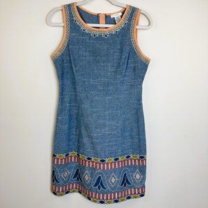 Beachy Linen Blend Chambray Sleeveless Shift Dress Colorful Embroidery Size SM